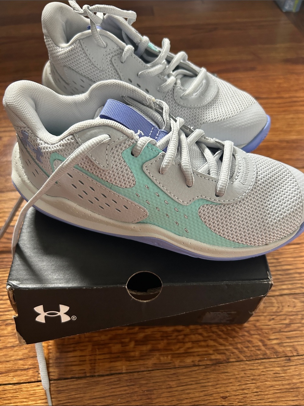 Under Armour Girls Light Gray Sneakers with Mint and Lavender Accents